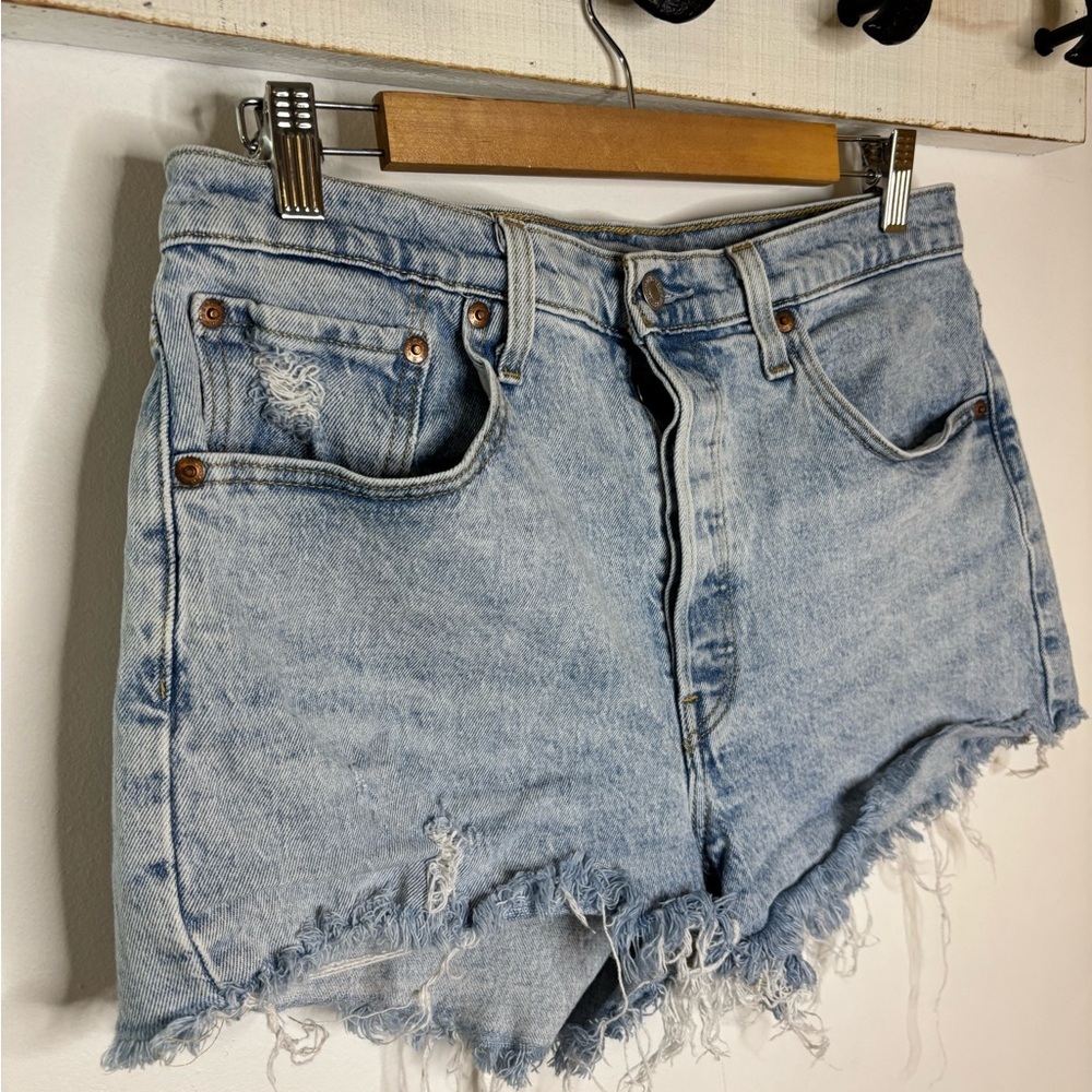 Levi's Premium 501 Light Blue Distressed Denim Shorts - Picture 4 of 9